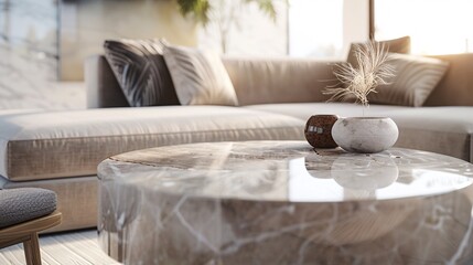 07231249 84. Intricate close-up of a neutral marble coffee table designed for product display, set in a spacious modern living room with an emphasis on clean lines and open space, captured in a