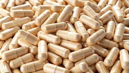 Pile of drug capsule pills with beige medication, medicine, pharmaceutical, capsules, pills