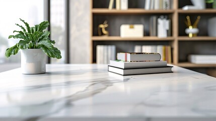 07231249 89. Close-up 3D render of a natural marble tabletop with books, stationery, and a decorative plant, designed for product display with a clean copy space, set against a blurred modern office