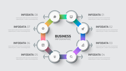 Infographic element design templates with octagon icons and 8 options suitable for process diagram