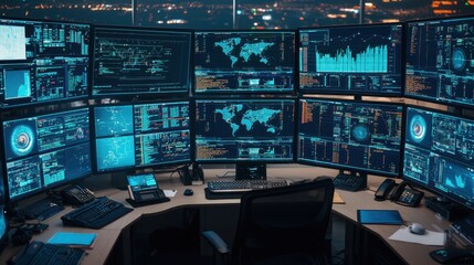 Fototapeta premium Modern Cybersecurity Workstation with Multiple Monitors Displaying Data and Maps
