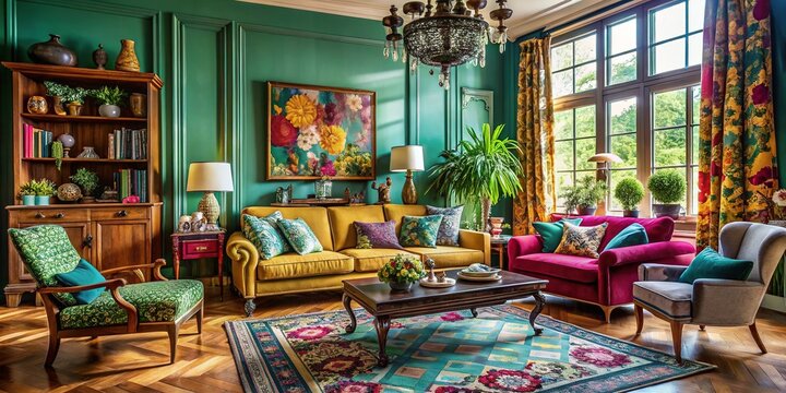 whimsical eclectic interior design style with vintage furniture and bold color schemes