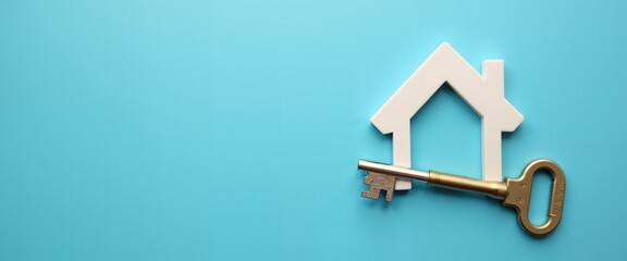 House shape and golden key symbolizing home ownership against turquoise background with copy space