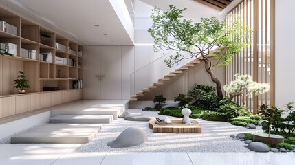 07231249 107. High-detail 3D rendering of a serene Japanese-style living room bathed in morning light, featuring an indoor garden, built-in TV cabinet, bookshelf, wooden stairs, white walls, and a