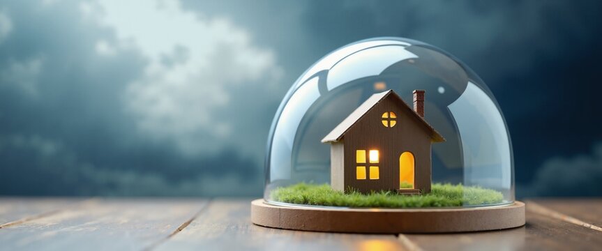 Miniature House in Glass Dome Glowing Warmly Against Stormy Sky