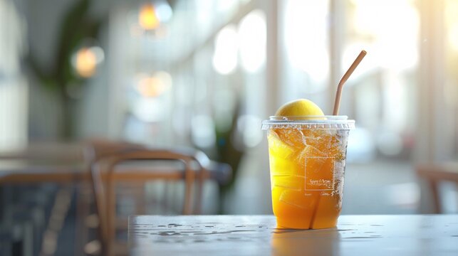 07231249 115. 3D illustration of a banner featuring iced lemon tea in a plastic cup with a brown straw, a white label for mockup, set against a blurred white cafe background, with plenty of copy