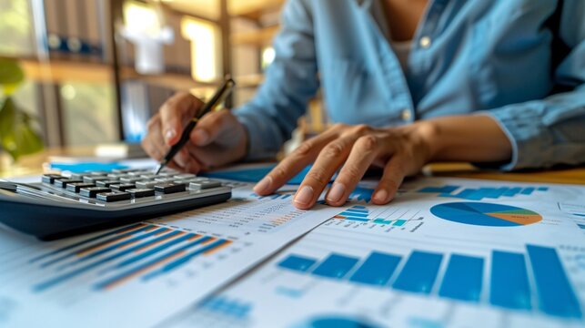 07231249 117. High-detail image capturing the hands of a bookkeeper during bookkeeping tasks, focusing on a calculator, balance sheets, and financial reports, with attention to detail in the