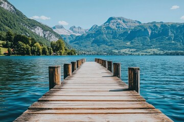 Obraz premium Wooden Dock Extending Towards Mountainous Landscape