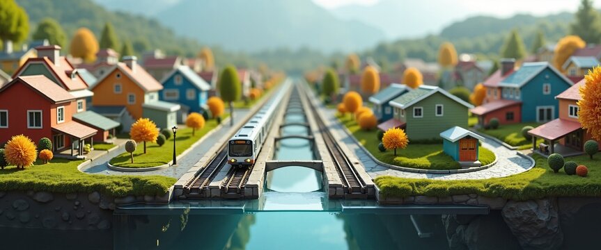 Miniature suburban neighborhood with colorful houses and train track against mountain backdrop