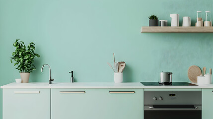 Minimalist kitchen interior with light green cabinets, a white countertop, and a modern oven.
