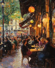 Vibrant painting of a Parisian cafe with people enjoying the evening.