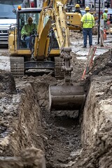 Fototapeta premium An operator in a backhoe loader digs a trench for utility installation. The construction site is bustling