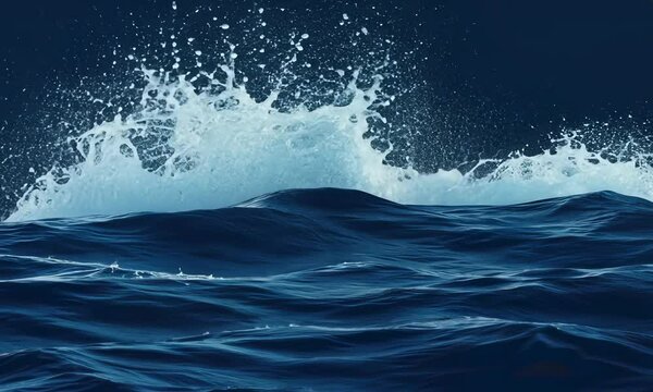 Dark blue ocean waves at night with white foam and splashes.