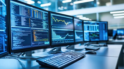 Naklejka premium Multiple Monitors Displaying Financial Data and Code