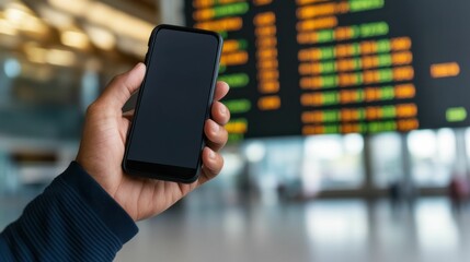 Concept about mobile payment, digital wallet and screen. Hand holding a smartphone in front of a blurred airport departure board, symbolizing travel, connectivity, and digital mobility.