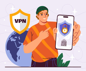 Man with VPN. Young guy with smartphone near planet and globe. Protection of personal data and information on internet. User with virtual private network. Flat vector illustration
