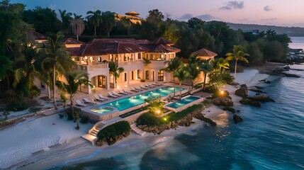 Luxurious villa on private beach with stunning ocean view for representing dream home exclusive lifestyle tropical escape serene relaxation and beachfront living concept.