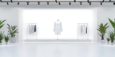 Minimalist White Clothing Store Interior with Mannequin and Plants