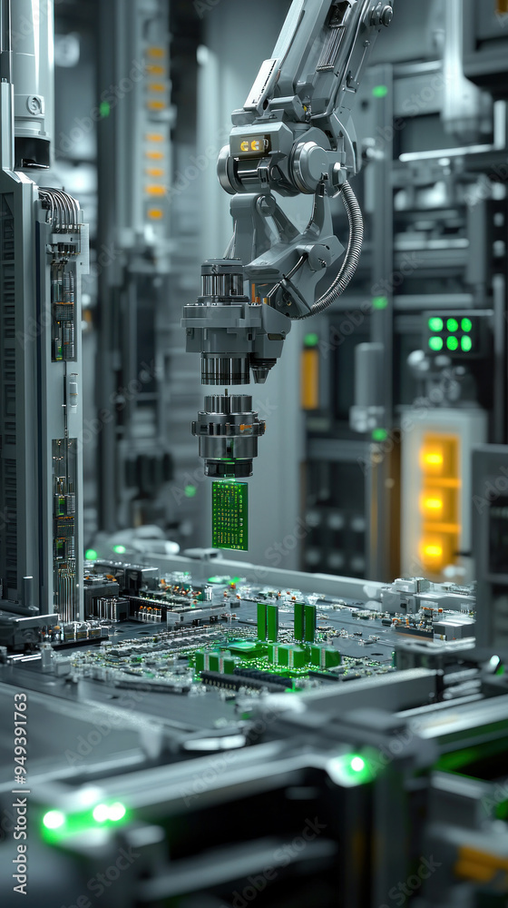 Poster a robot is working on a green computer chip. the robot is surrounded by many other robots and machin