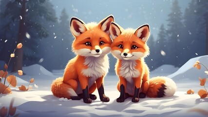 Obraz premium Illustration of two adorable tiny foxes in the snow. Snow-loving animals