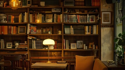 07231249 182. Detailed view of a wooden bookshelf stocked with books of different genres and sizes, with soft lamp light creating a welcoming glow in a cafe