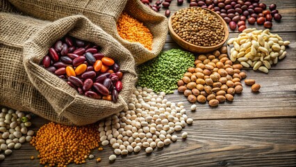 Fototapeta premium Assorted dry legumes spilling out of a rustic sack cloth background, legumes, beans, lentils, chickpeas, assortment, variety