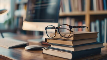 07231249 187. Close-up of reading glasses resting on a pile of books beside a computer on a wooden desk, capturing a blend of traditional and digital study tools