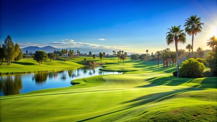 Obraz premium A serene golf background with lush green fairways and a clear blue sky , golf course, scenic, landscape, outdoors