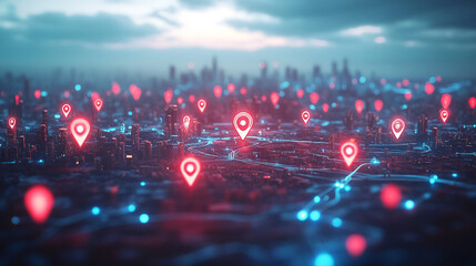 Obraz premium glowing red location gps icon markers advanced urban mapping interactive map for route planning virtual journey with geofencing technology visuals