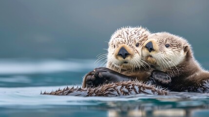 Two sea otters cuddle together in water with playful and affectionate nature for soft fur and bright eyes adorable wildlife bonding concept.