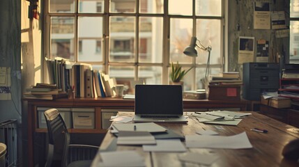 07231249 192. Comfortable home office setup with a laptop, scattered papers, and a wooden desk, creating a productive and inviting work environment in an apartment