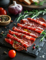 Jamon Iberico with rosemary on a rustic slate, dark food photography