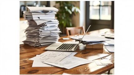 Fototapeta premium 07231249 194. Laptop and paperwork spread out on a wooden desk in a modern apartment, capturing a comfortable and efficient home workspace