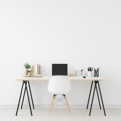 Minimalist Home Office Desk with White Chair and Laptop