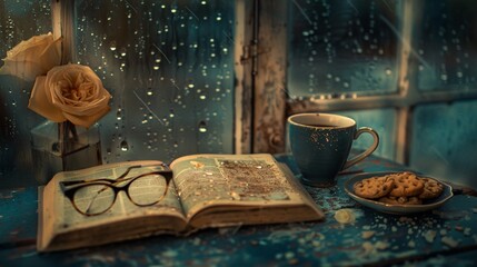 07231249 218. Artistic composition featuring eyeglasses, an open book, cookies, and a coffee cup, with rain-streaked windows in the background and a vintage filter adding a nostalgic feel