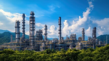 Fototapeta premium Industrial Facility with Smokestacks at Sunset. Large industrial facility with multiple smokestacks emitting smoke, framed by a colorful sunset sky, symbolizing energy and environmental concerns.