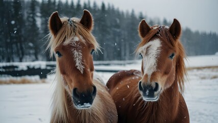 Obraz premium Icelandic Horses in Love, Happy Couple in Winter Snow, Christmas and New Year