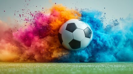 Fototapeta premium Vibrant Soccer Ball Surrounded by Colorful Explosion Effect