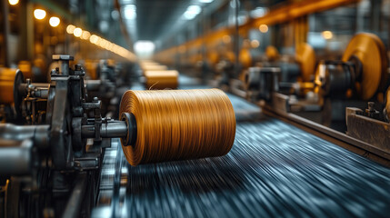 Yarn Spools on Conveyor Belt in Textile Mill. Yarn spools being transported on a conveyor belt inside a textile mill, highlighting industrial fabric production.