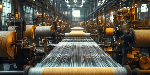 Industrial Textile Weaving Machines in Factory. Row of textile weaving machines operating in a large industrial factory, demonstrating the mass production of fabric.