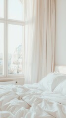 White Bed Linen with Sunlight and City View