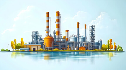Obraz premium Industrial Plant with Water Reflection and Trees