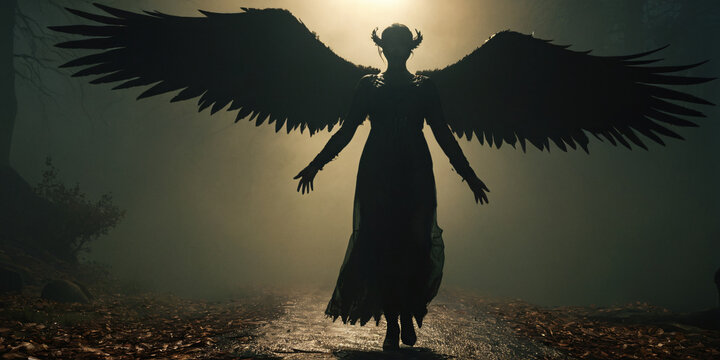 igure of dark angel, from the darkness, foggy
