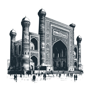 recommend clip art: The uzbekistan mosque. Black white vector logo illustration.