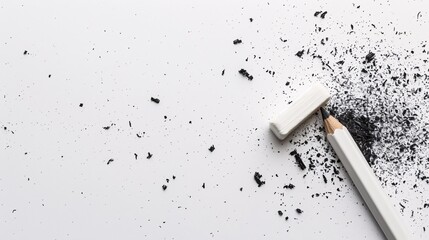 07231249 267. Top-down view of a white eraser deleting a black pencil line on a white paper background, with ample copy space, representing creative ideas and the process of correction