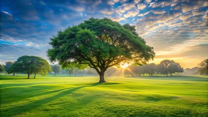 Fototapeta premium Beautiful landscape in park with tree and green grass field at morning, nature, scenery, serene, peaceful, tranquil, park, morning
