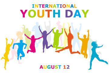 International Youth Day August 12 concept with men and women silhouettes jumping 