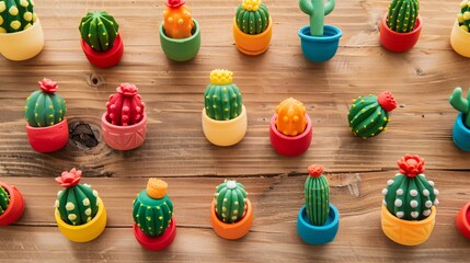 07231249 272. Detailed top-down view of cute cactus erasers in vibrant pots, spread out on a wooden surface, emphasizing the charm and simplicity of school accessories in a minimal style