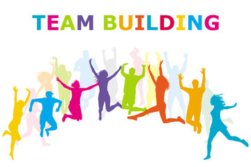 Team Building colorful concept with happy teamwork jumping