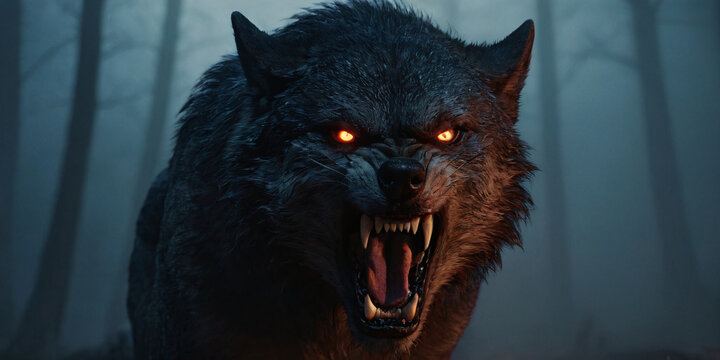 scary shadow figure of zombie warewolf snarling, from the darkness, foggy